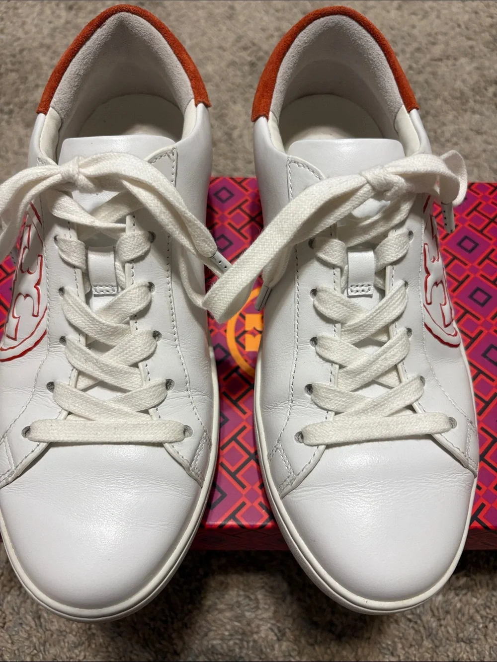 Tory Burch White Leather Sneakers with Orange Heel Accent